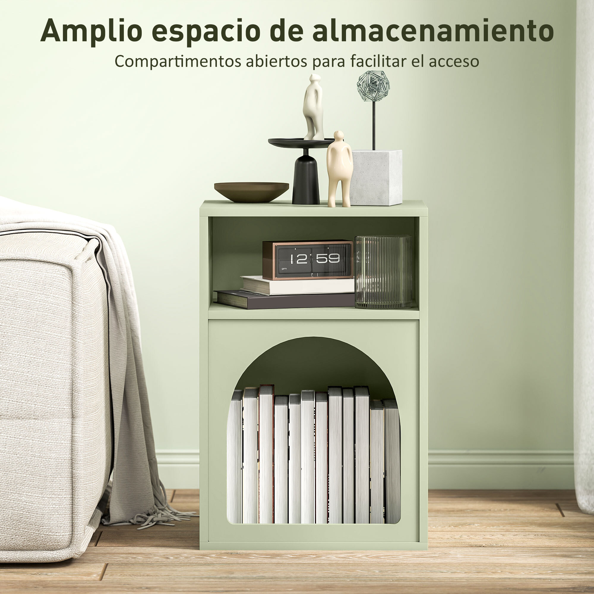 Mesita de Noche Moderna Mesilla de Noche Estrecha con 2 Compartimentos Abiertos Diseño en Forma de Arco Mesa Auxiliar para Salón Dormitorio 40x30x60 cm Verde