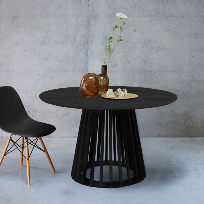 Table à manger effet bois noir. pieds bois de sapin 4 places Ø120cm