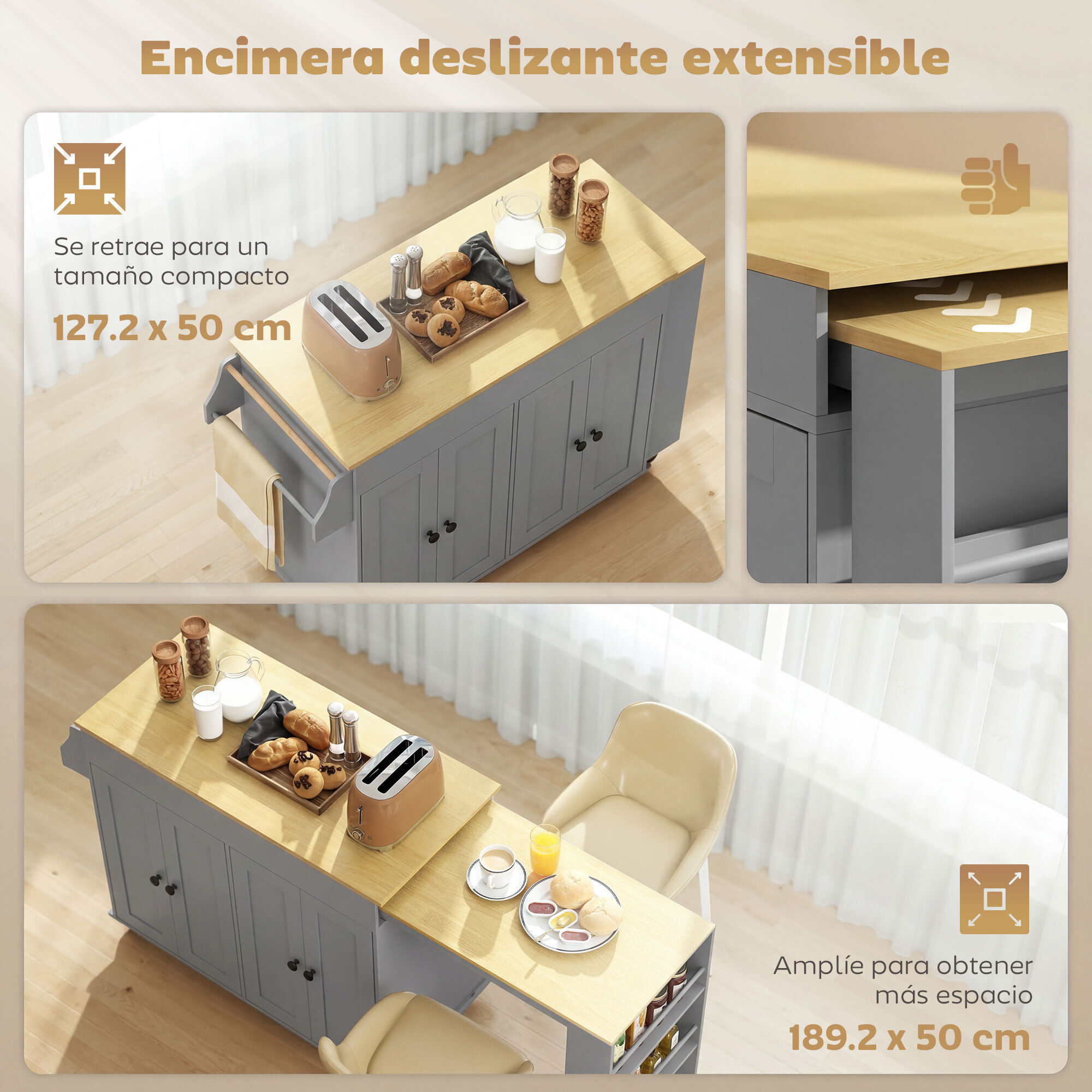 Isla de Cocina con Ruedas, Encimera Extensible, Carro de Cocina con 4 Puertas, Estantes Ajustables, Estantería Lateral Abierta, Especiero y Soporte para Toallas, para Comedor, Gris