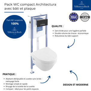 Pack WC sans bride compact Architectura abattant frein de chute + bâti-support Viconnect PRO + plaque noir mat