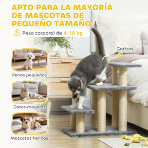 Escalera para Gatos de 3 Peldaños, Escalera para Mascotas, Estructura Ajustable, con Postes Rascadores, Bola Colgante, Carga 10 kg, para Cama, Sofá, 52x34,5x54 cm, Gris