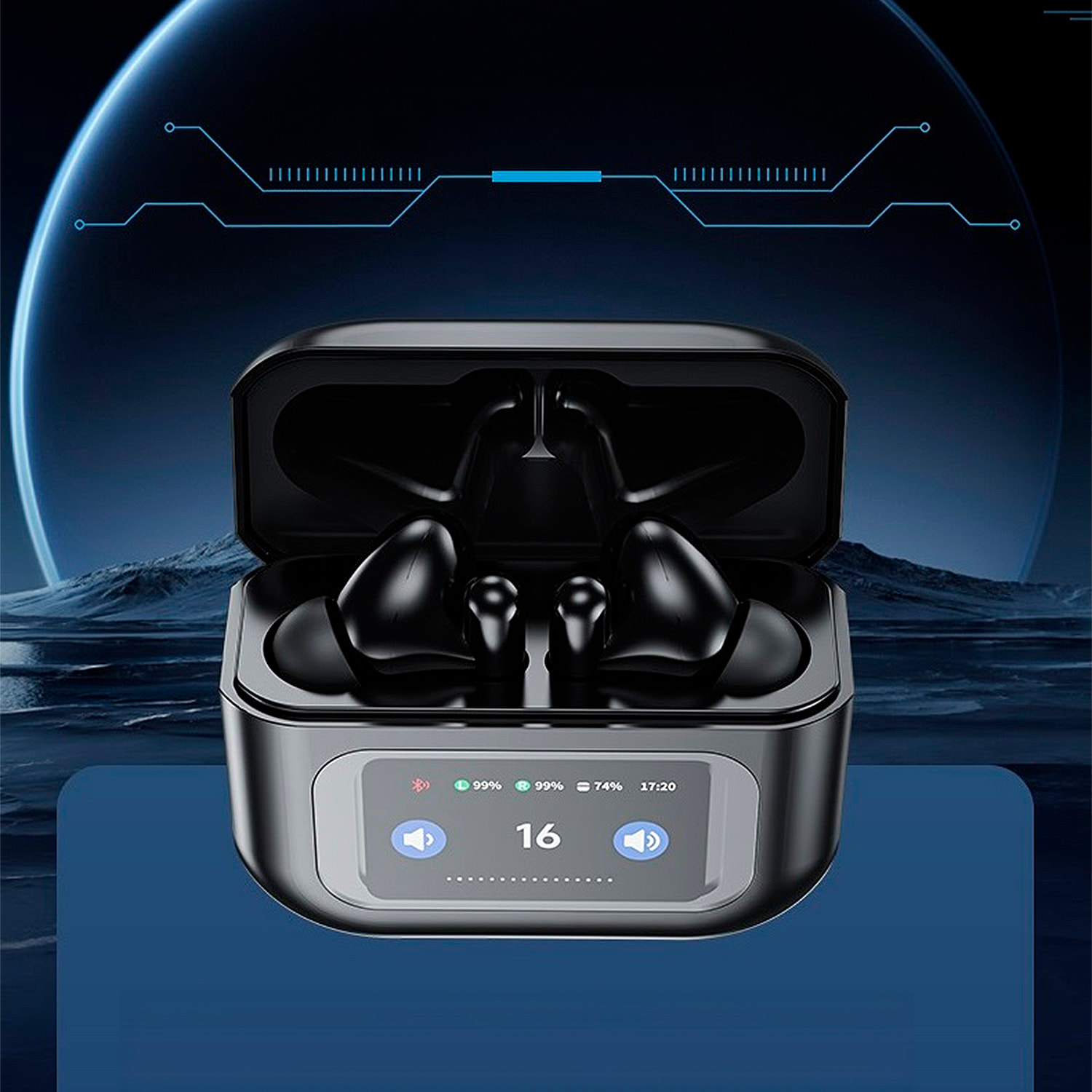 Cuffie TWS KW-07, BT 5.4, con cancellazione attiva del rumore ANC. Base di ricarica con schermo LED e fino a 6 ore di autonomia.