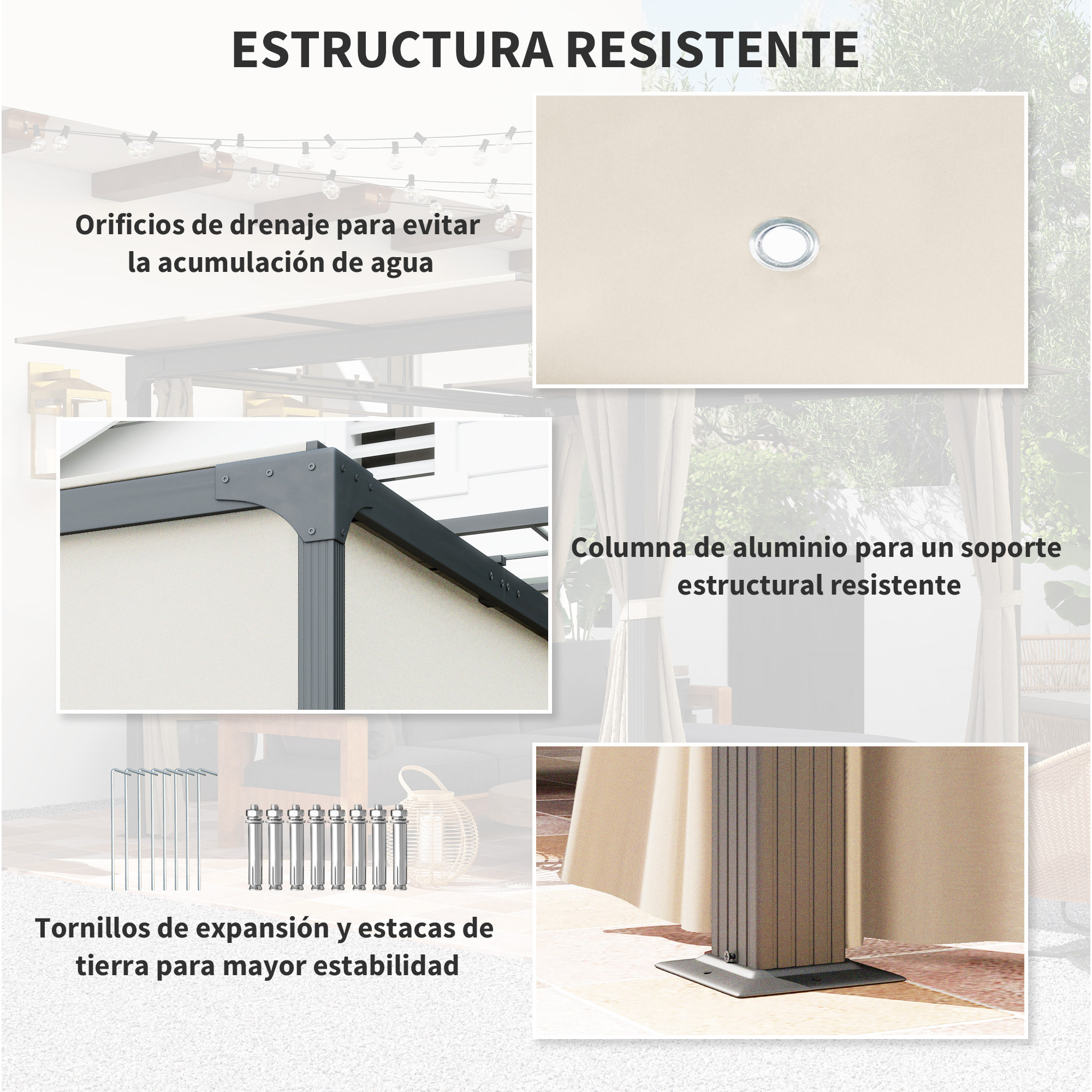 Pérgola de Aluminio 4,2x3 m Cenador de Jardín Gazebo con Techo Corredizo 4 Paredes Laterales y Orificios de Drenaje Pabellón para Patio Terraza Beige y Negro