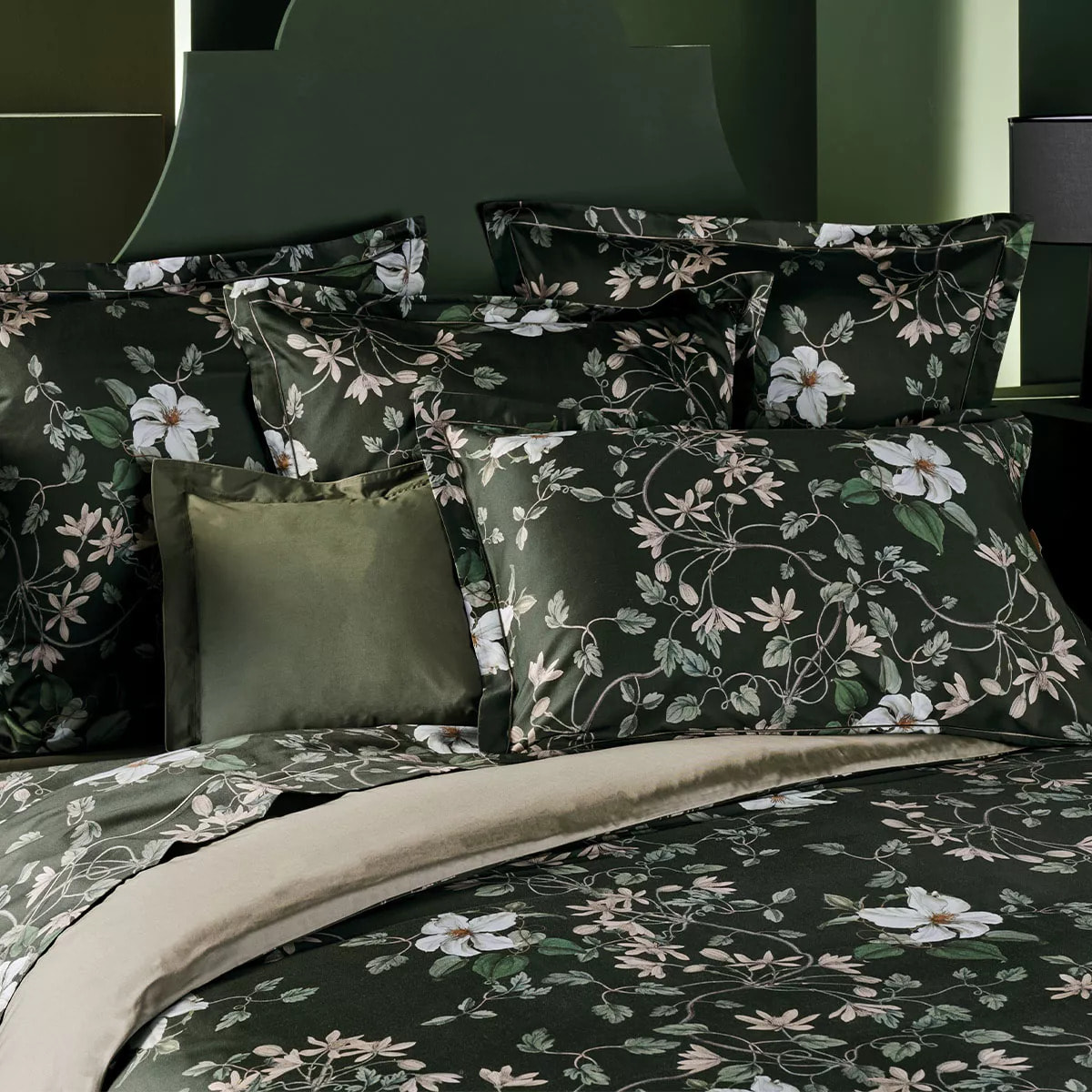 Housse de couette satin de coton imprimé vert Gardenias mousse