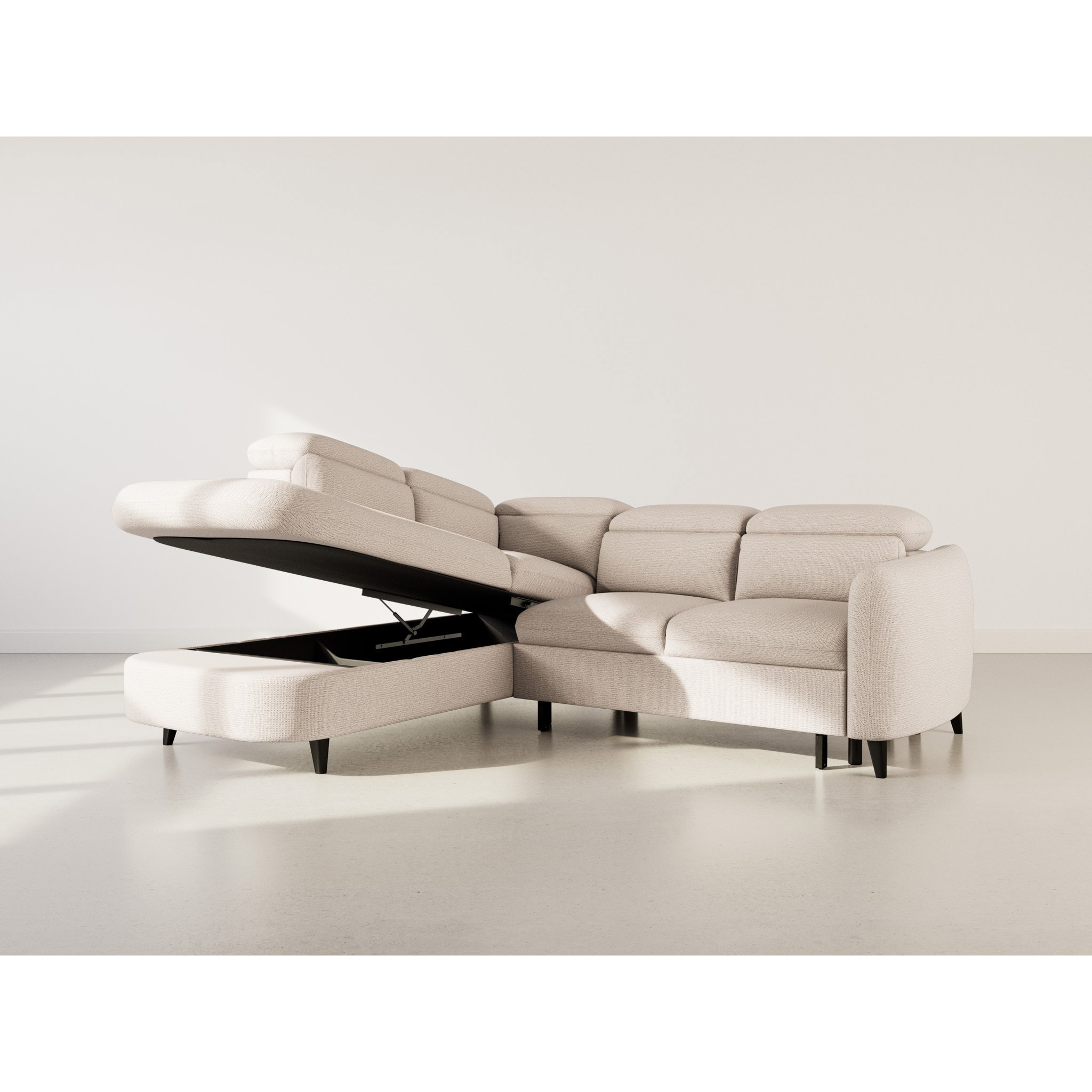 Opaline - Canapé d'angle gauche 5 places convertible avec têtières et coffre en tissu texturé - Beige