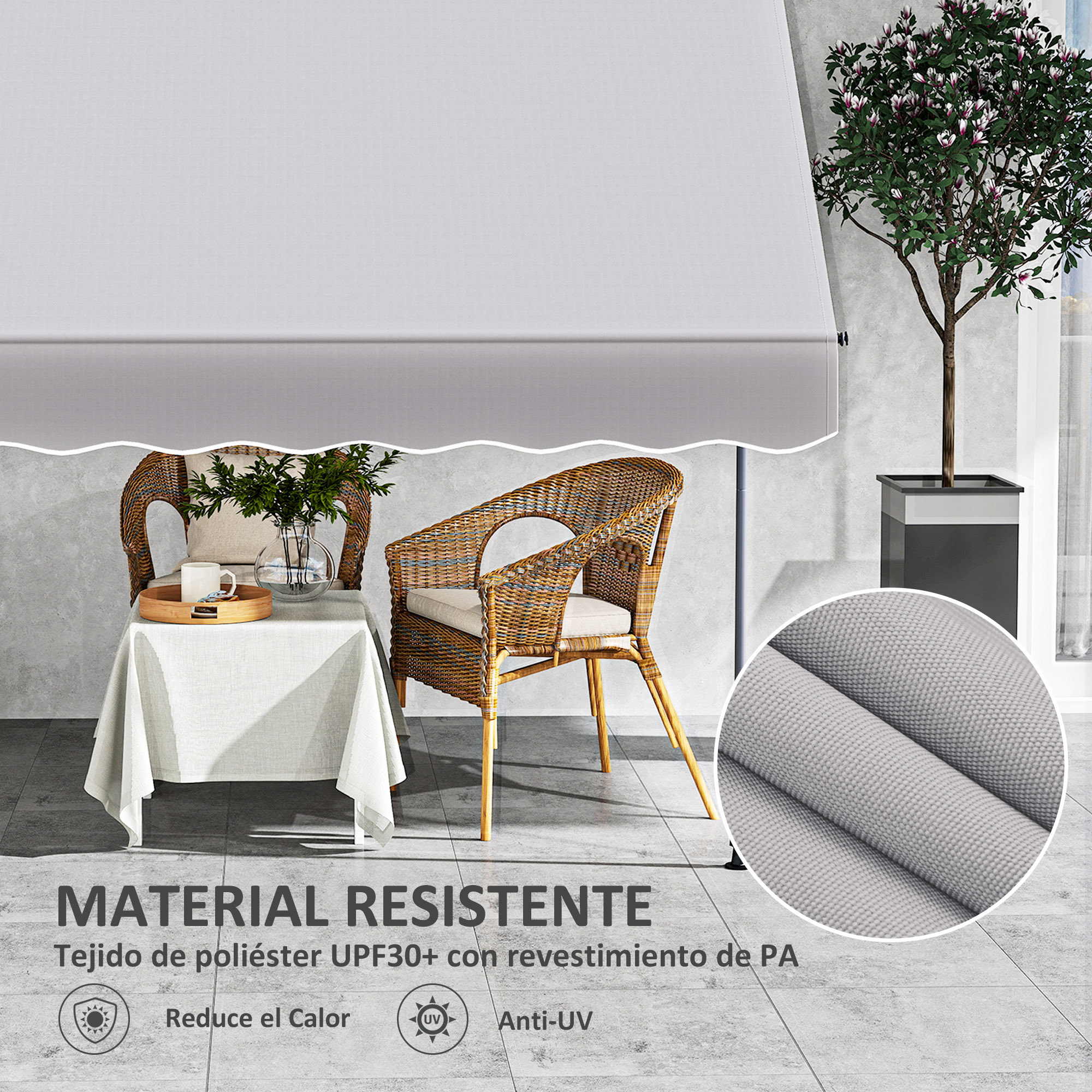 Toldo Manual Retráctil 2x1,2 m Toldo Exterior Terraza Enrollable Altura Ajustable con Manivela 210-310 cm Protección UV30+ Sin Taladro para Jardín Balcón Patio Gris