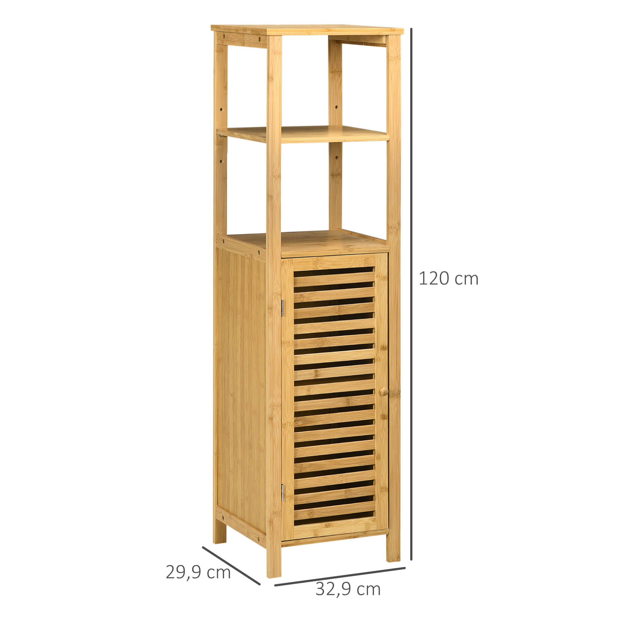 Colonne salle de bain en bambou H.120 cm - porte à lattes, 3 étagères - bambou verni