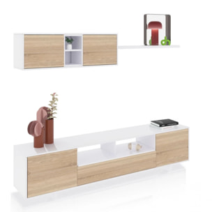 Salón con mueble de TV y estantería en blanco brillo y roble canadian 200 cm Kenzo Blanco Brillo - Roble Canadian