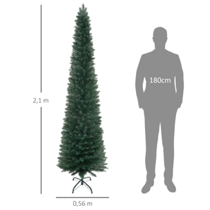Árbol de Navidad Estrecho 210 cm, Árbol de Navidad Artificial con 510 Ramas, Base Plegable y Soporte Metálico, Fácil Montaje, para Salón, Interior, Verde