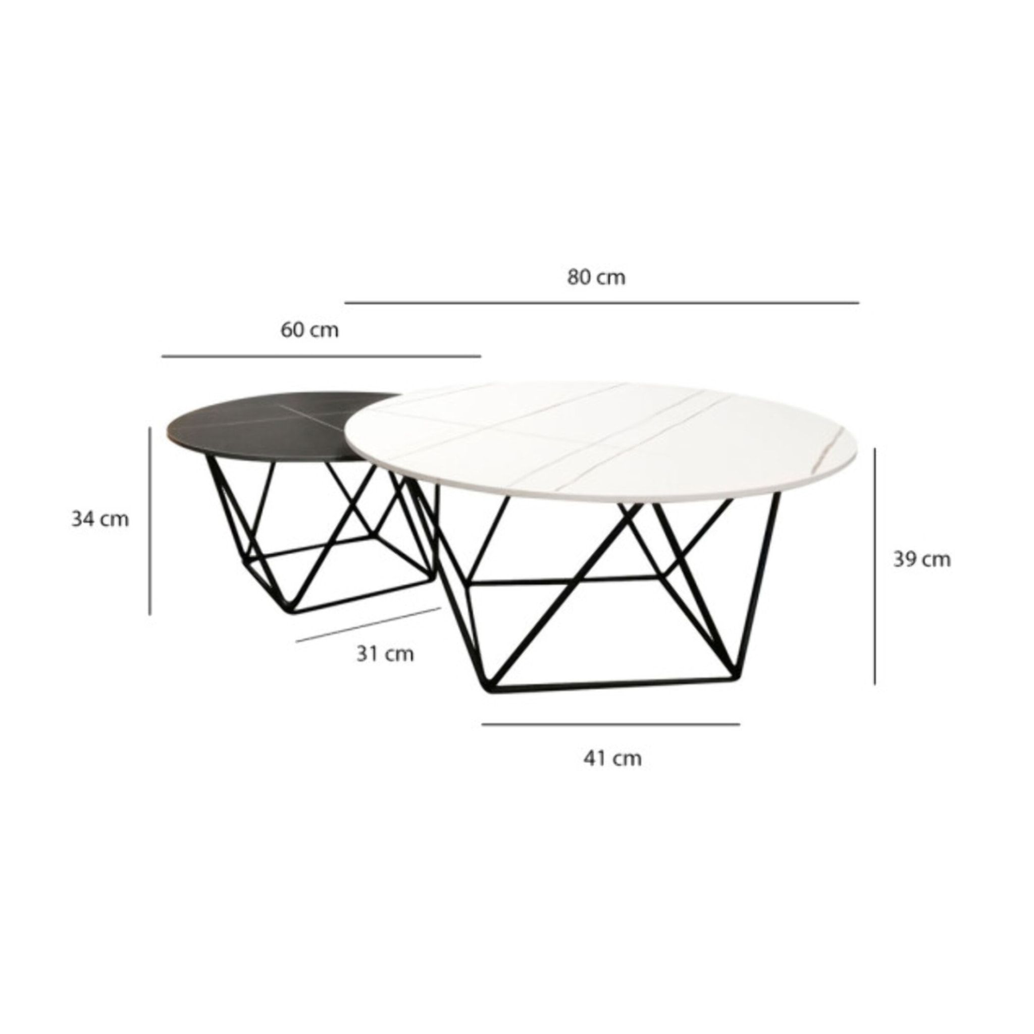 Set de 2 tables basses rondes noir et blanc céramique marbré - BRUNA