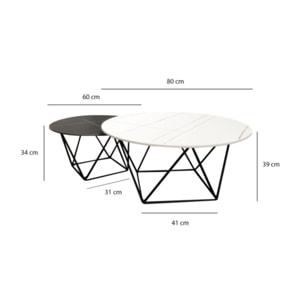 Set de 2 tables basses rondes noir et blanc céramique marbré - BRUNA