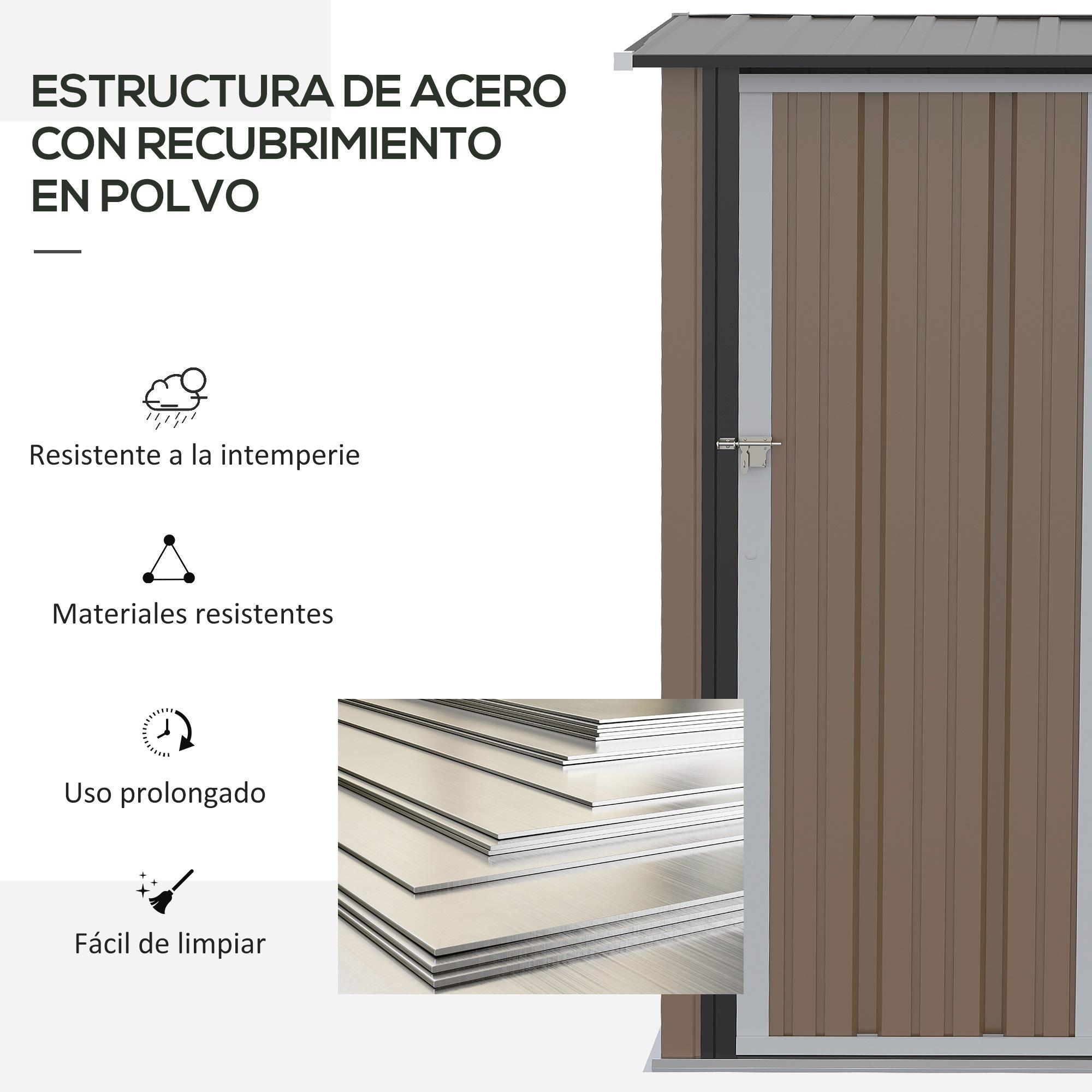 Caseta de Jardín 1,07 m² 142x84x189 cm Cobertizo Exterior Metálico con Puerta Cerradura y Orificios de Drenaje para Almacenamiento de Herramientas Marrón