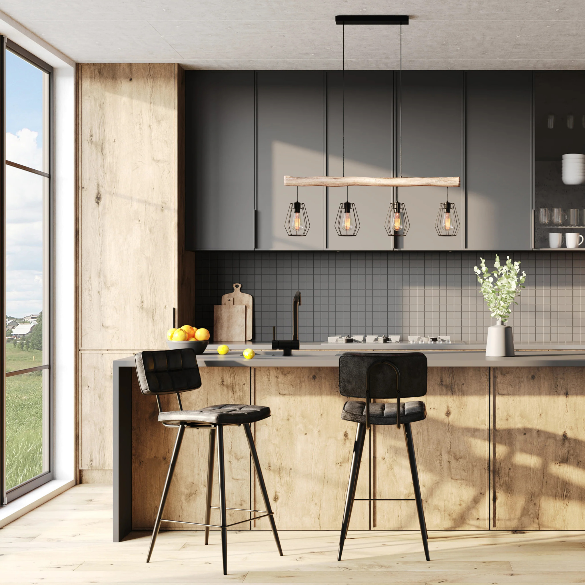 Suspension en bois et métal 4 lampes - Clotilde