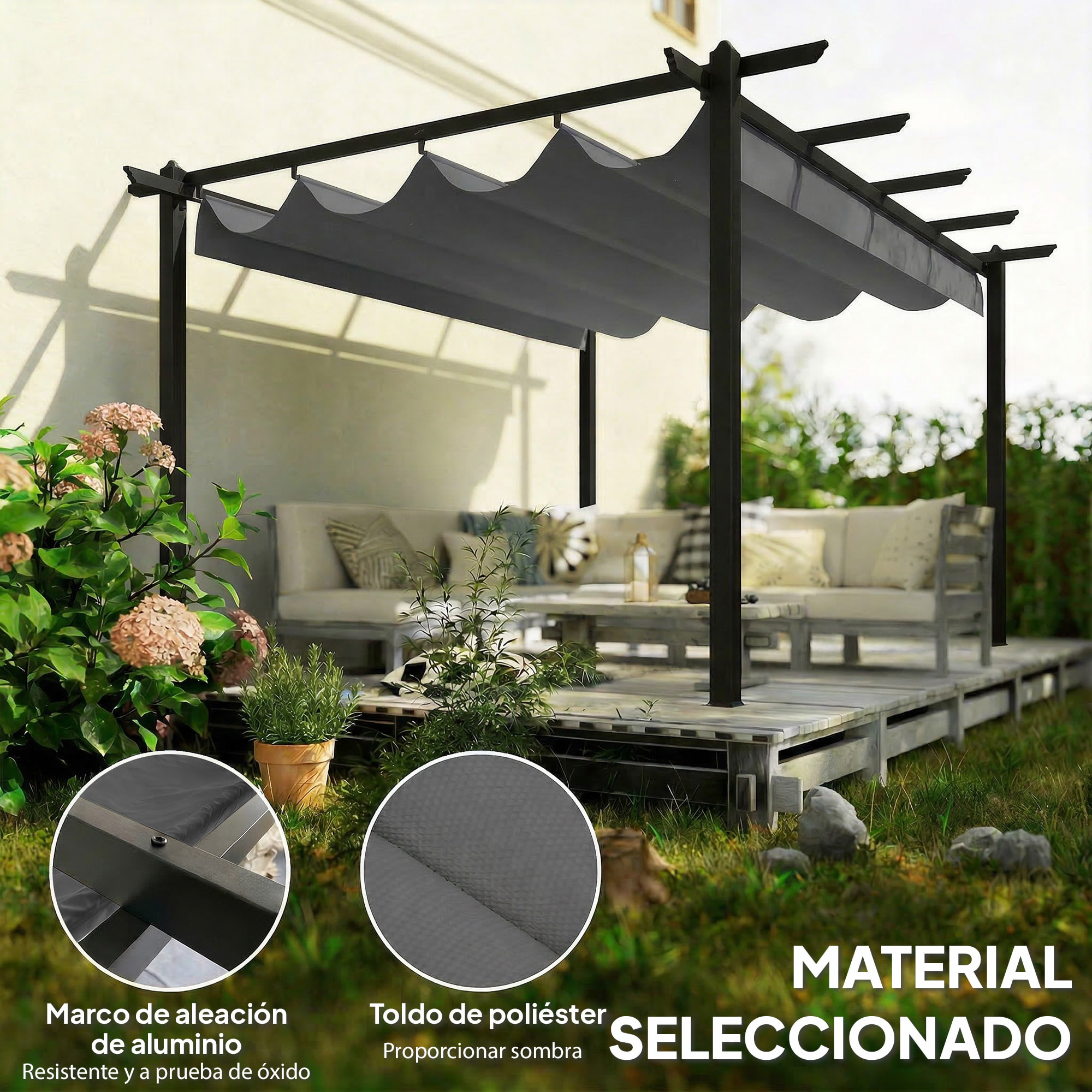 Pérgola de Jardín 4x3 m con Techo Retráctil, Cenador de Jardín con Estructura de Aluminio, UPF30+, Orificios de Drenaje, Pabellón para Exterior, Patio, Terraza, Gris