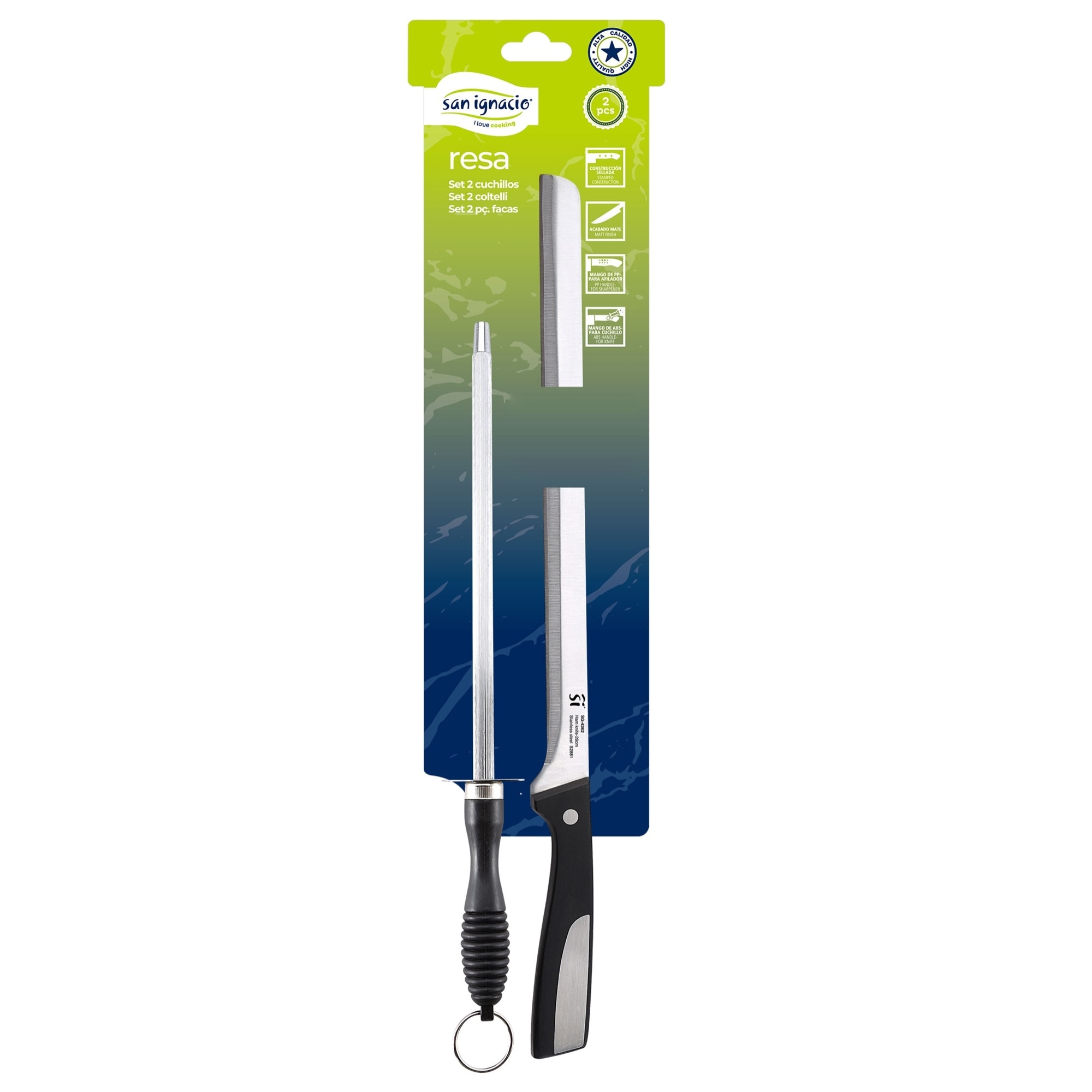 Juego de 2 piezas cuchillos jamoneros + chaira acero inoxidable san ignacio