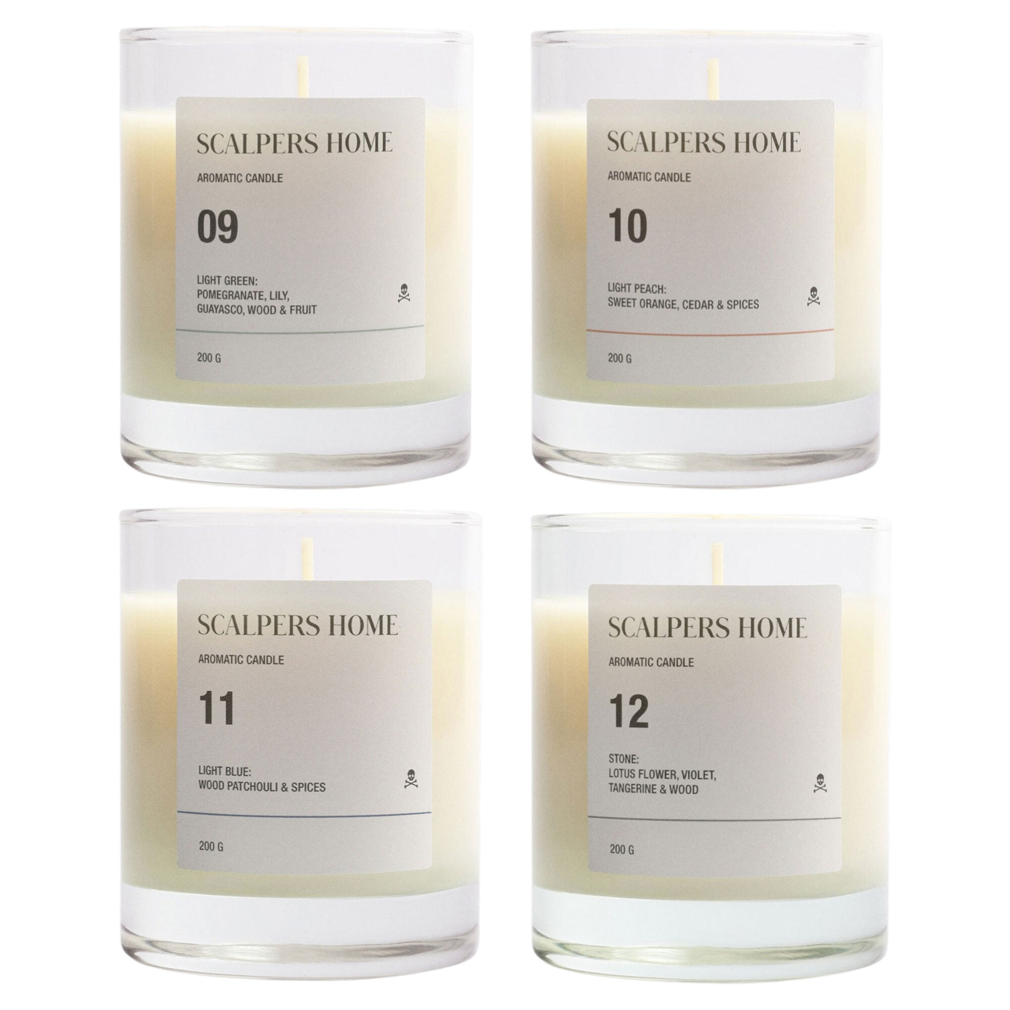 Set de 4 velas aromáticas de 200gr con aromas de light green, white lotus, light peach y stone scalpers