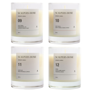 Set de 4 velas aromáticas de 200gr con aromas de light green, white lotus, light peach y stone scalpers