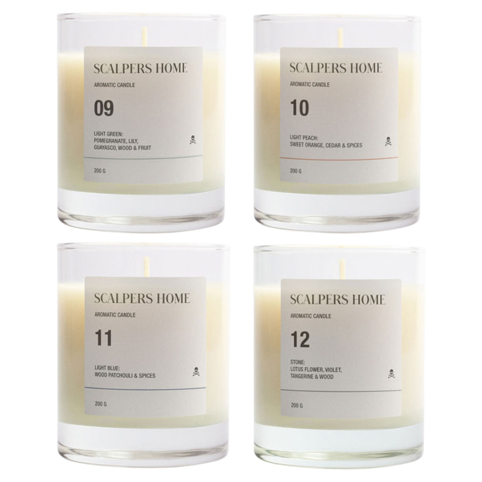 Set de 4 velas aromáticas de 200gr con aromas de light green, white lotus, light peach y stone scalpers