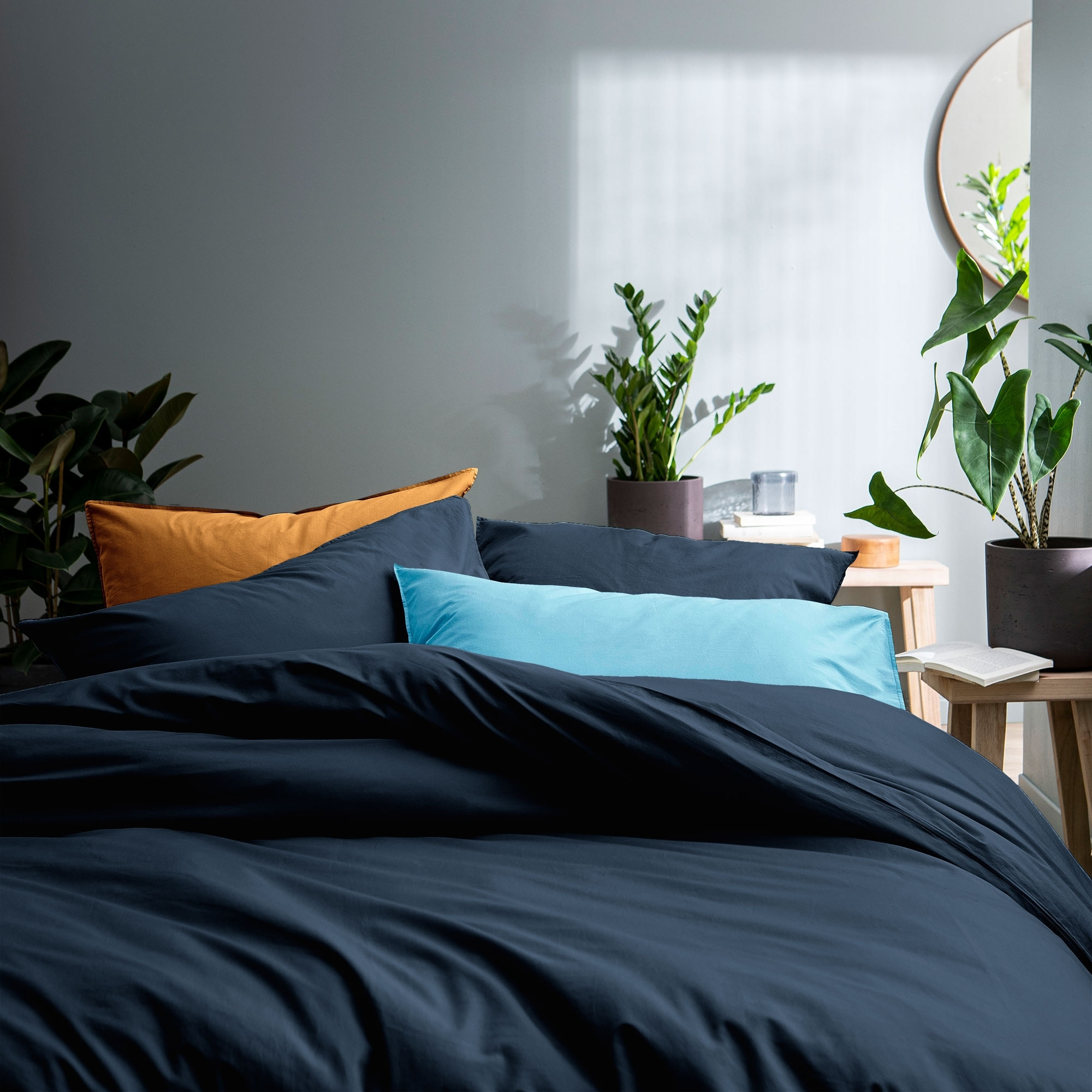 Parure de lit unie en coton taies à volant, COTON LAVÉ