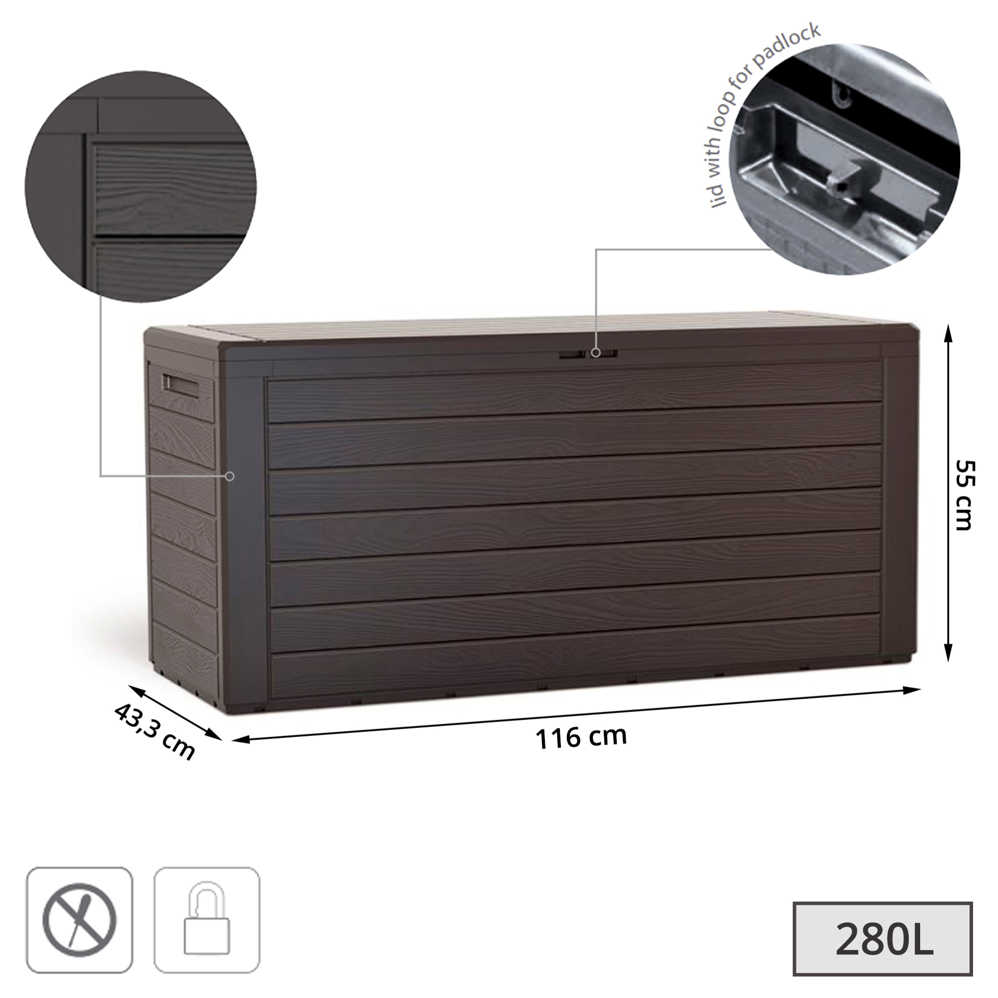 Baul de jardin 280 litros Prosperplast Woodebox de plastico en color ocre oscuro 116 x 43,8 x 55 cm