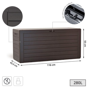 Baul de jardin 280 litros Prosperplast Woodebox de plastico en color ocre oscuro 116 x 43,8 x 55 cm