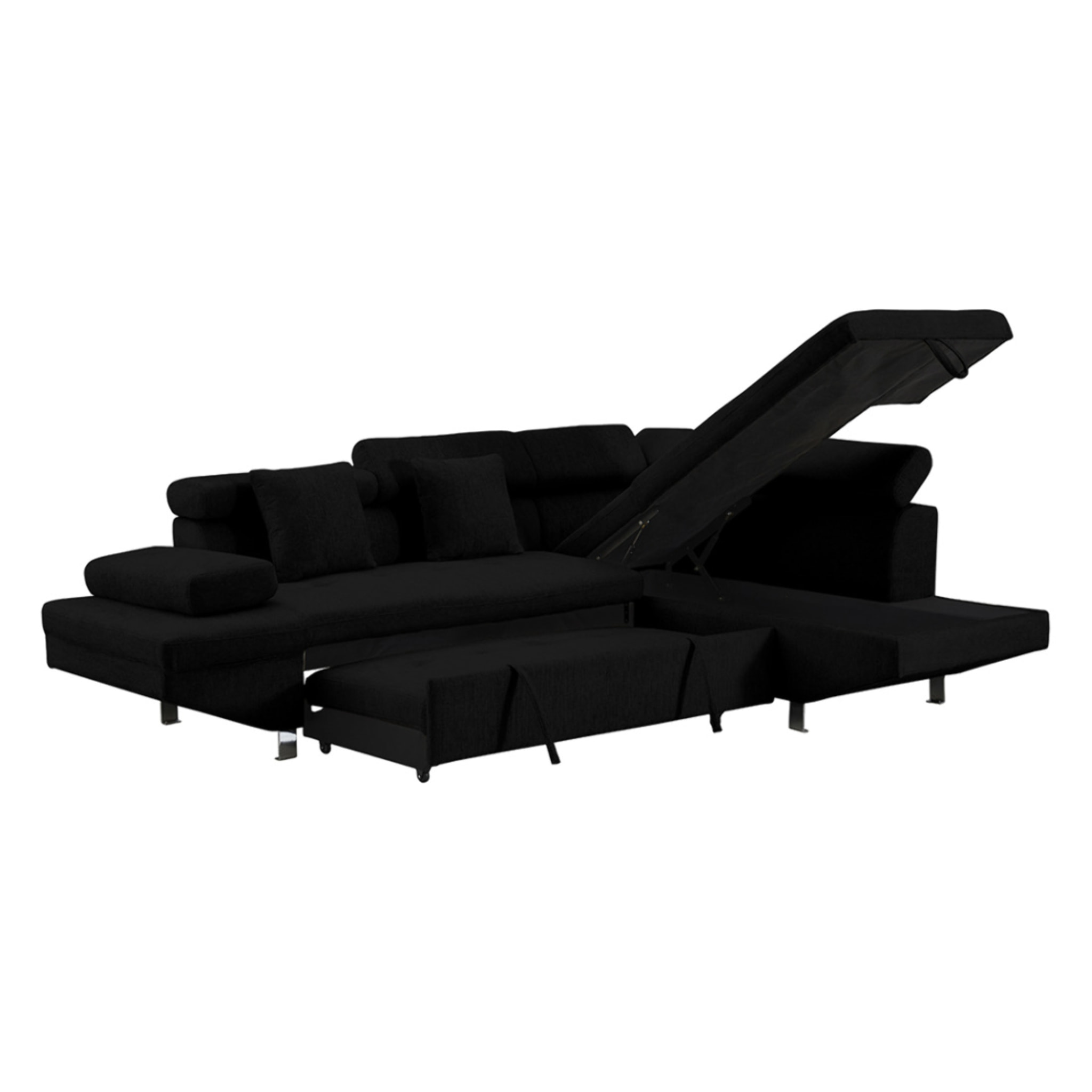 Margaux - Canapé d'angle droit 5 places convertible avec coffre et têtières réglables en velours texturé - Noir