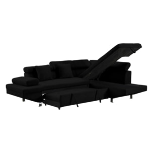 Margaux - Canapé d'angle droit 5 places convertible avec coffre et têtières réglables en velours texturé - Noir
