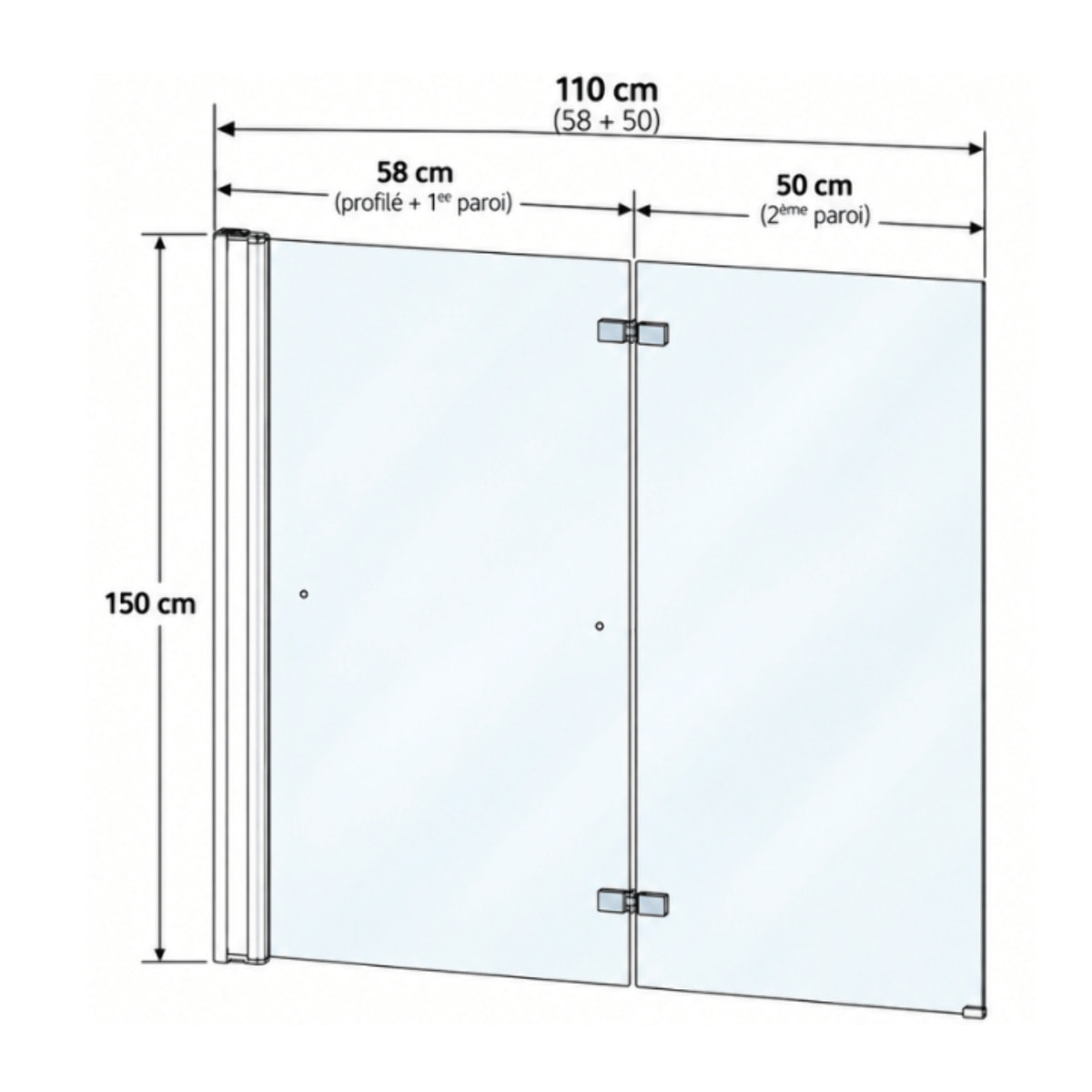 Pare bain relevable et pivotant 110x150cm KINEDO Columba 2 réversible à 2 volets avec porte serviette blanc