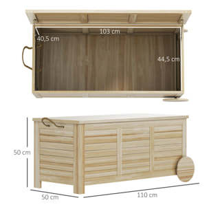 Baúl de Almacenaje Exterior 185L Arcón de Jardín de Madera Impermeable con Tapa Abrible 2 Ruedas Cuerdas de Lino Bisagras Metálicas y Forro Interno 110x50x50 cm Natural