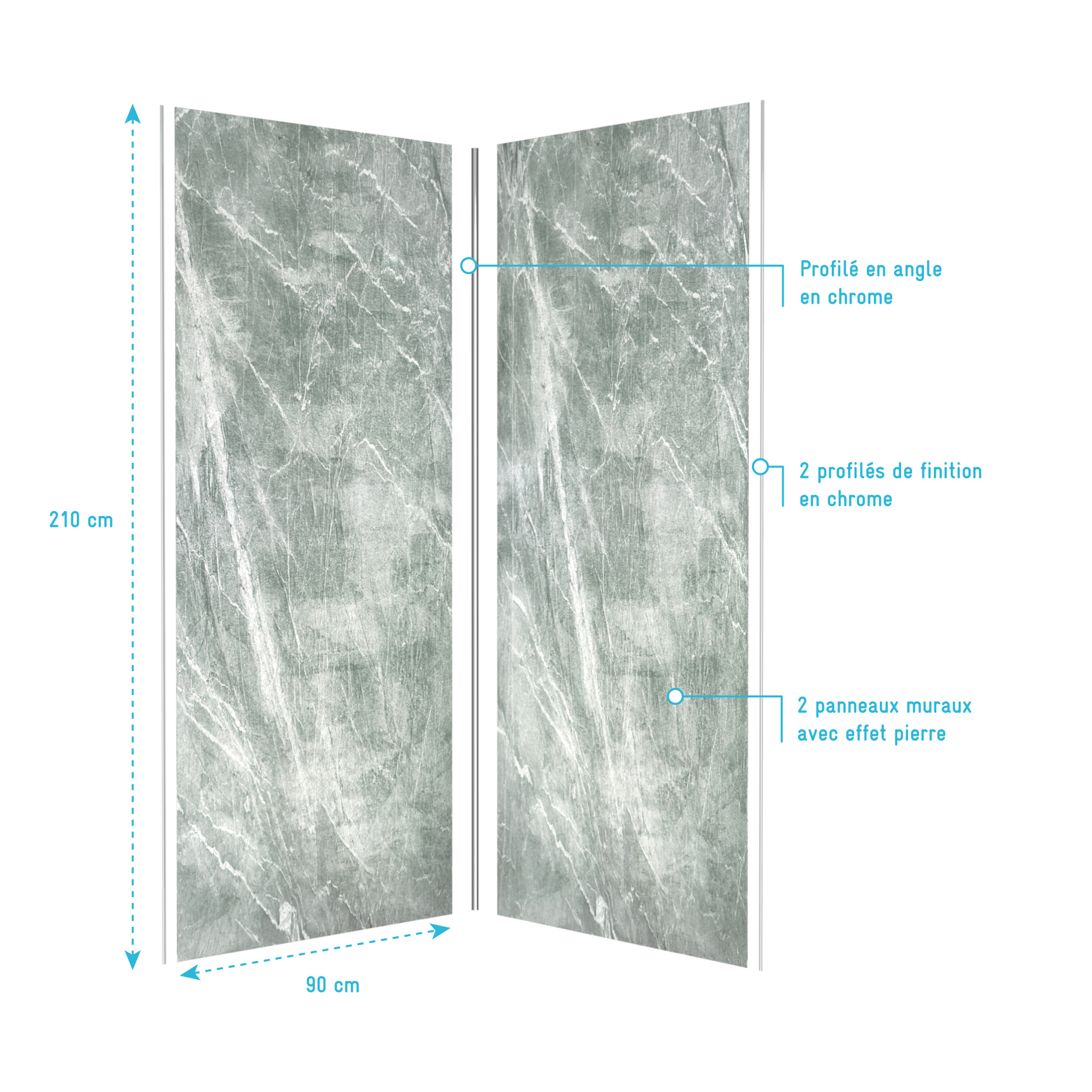 Pack de 2 Panneaux Muraux Pierre Artic Green 90+90x210 cm avec Profilés ANODISE BRILLANT - STONE'IT