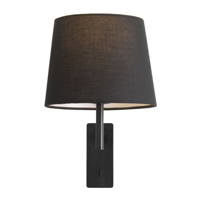 Forlight Aura - Aplique de Pared para Dormitorio E27 con Interruptor ON/OFF en la Base. Color Negro con Pantalla de Textil
