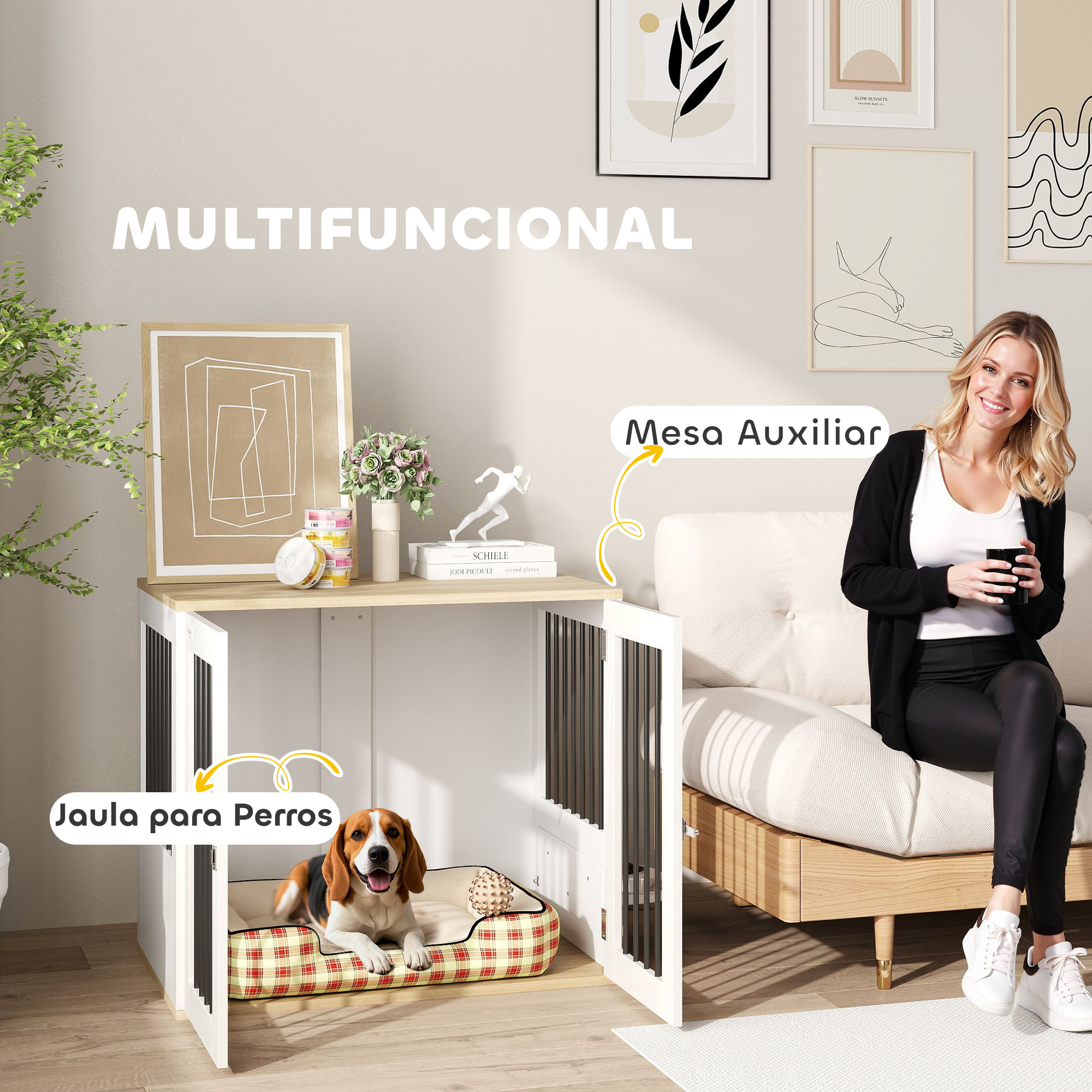 Jaula para Perros Medianos 2 en 1 Mesa Auxiliar con 2 Puertas con Pestillo Comedero Giratorio de 360° 2 Cuencos y Almohadillas Antideslizantes 80x55x71,5 cm Blanco