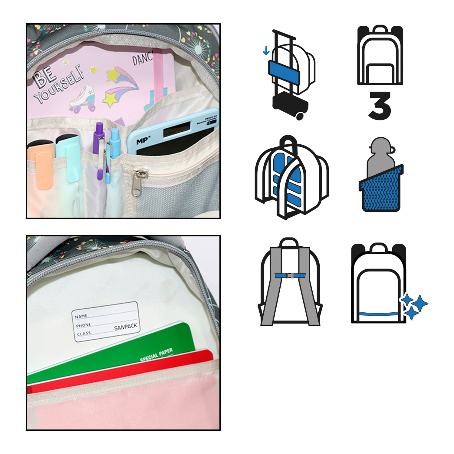 Zaino scolastico con tre cerniere, pannello imbottito, dettagli riflettenti e compatibile con trolley. 28x12x37 cm.
