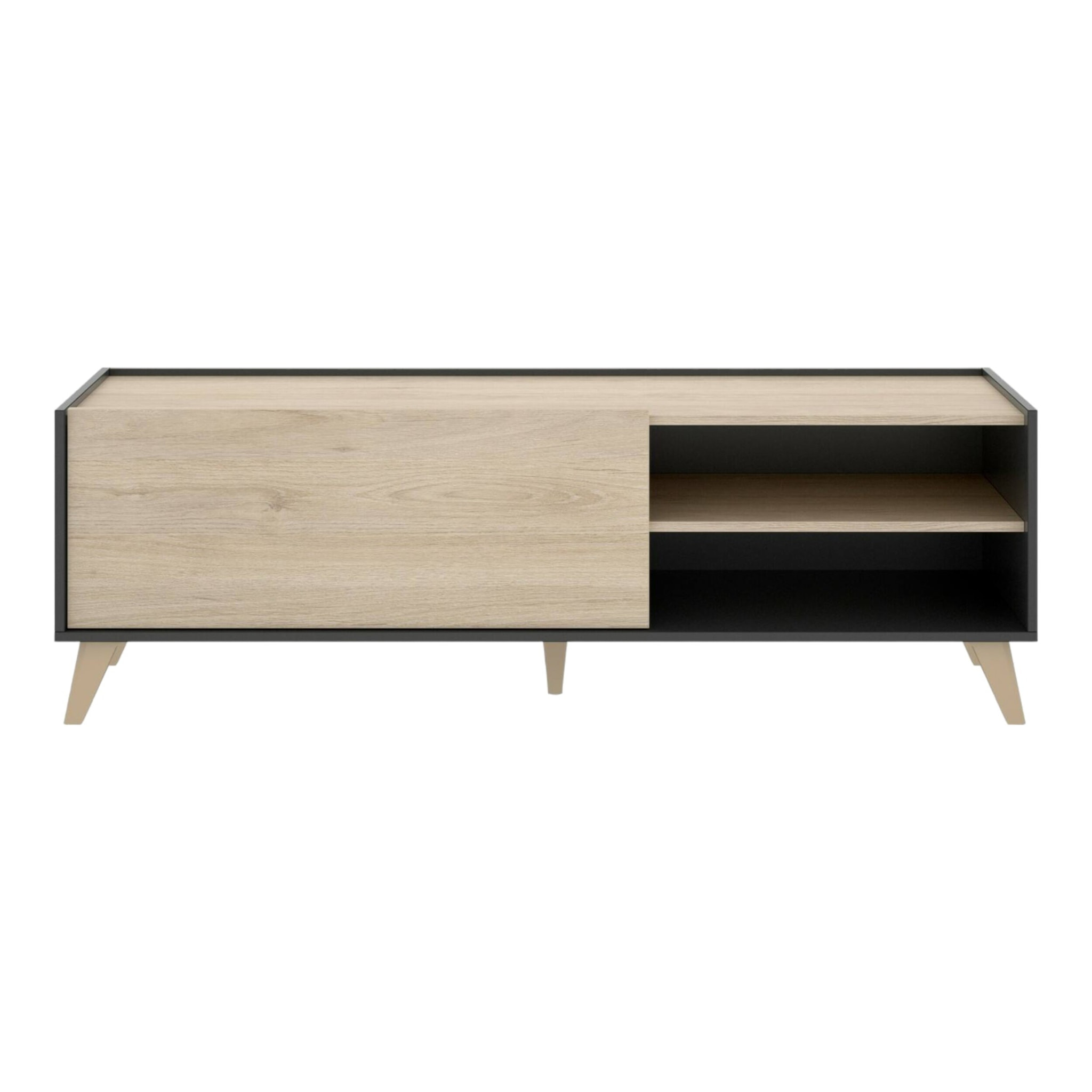 Mobile porta TV Asinara, Credenza bassa da soggiorno, Madia da salotto per televisione, 155x43h47 cm, Rovere e Antracite