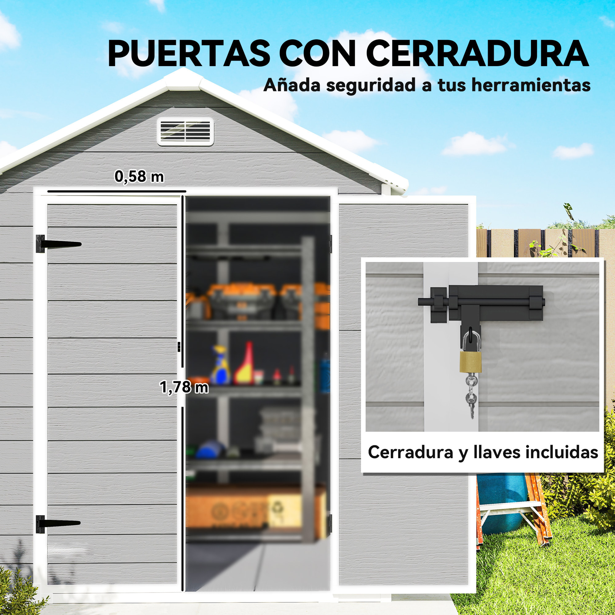 Caseta de Jardín Exterior, 2,4 m², 182x151x219 cm, Cobertizo de Jardín Exterior con Suelo, Puertas con Cerradura, Ventana y Techo Inclinado para Almacenamiento de Herramientas, Gris