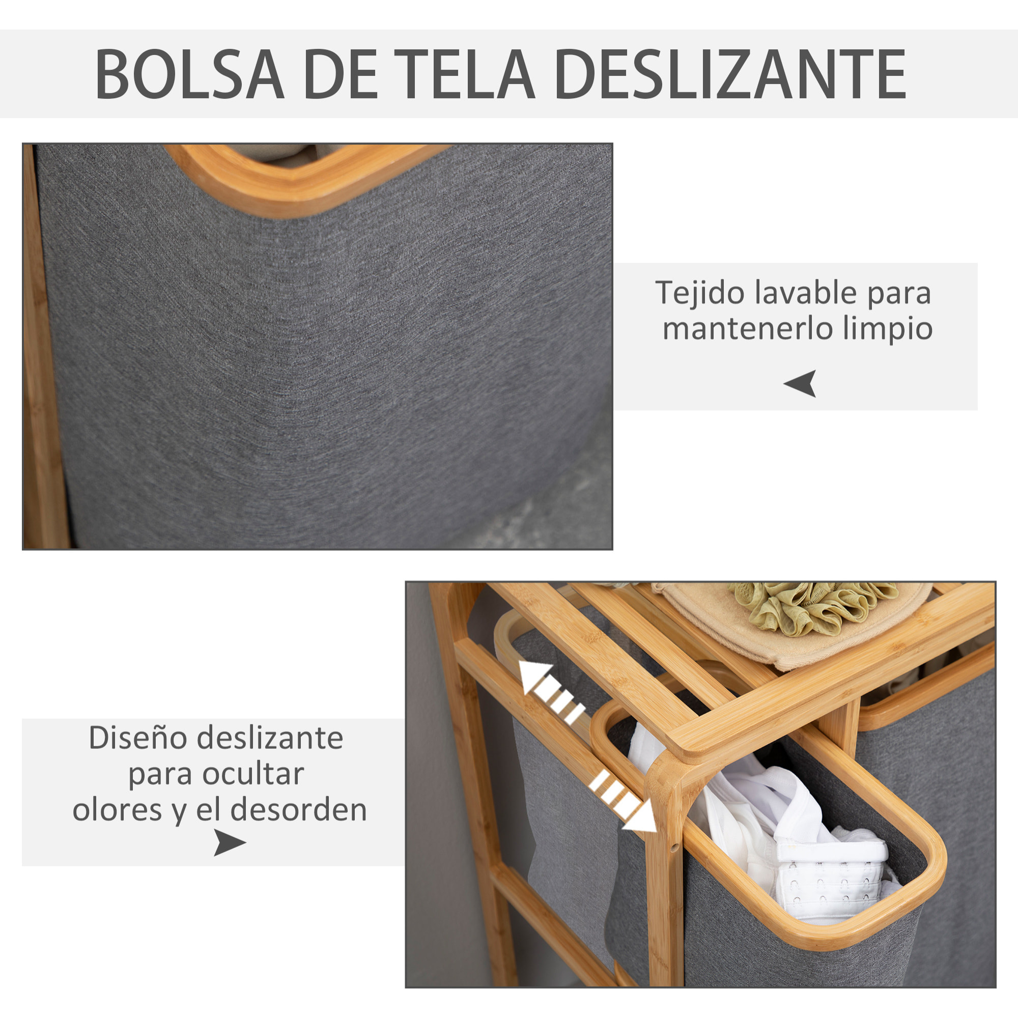 HOMCOM Cesto para Ropa Sucia de Bambú Cesta para la Colada con 3 Bolsas de Tela Extraíbles y Estante Abierto para Baño Dormitorio 50x32x69,7 cm Gris