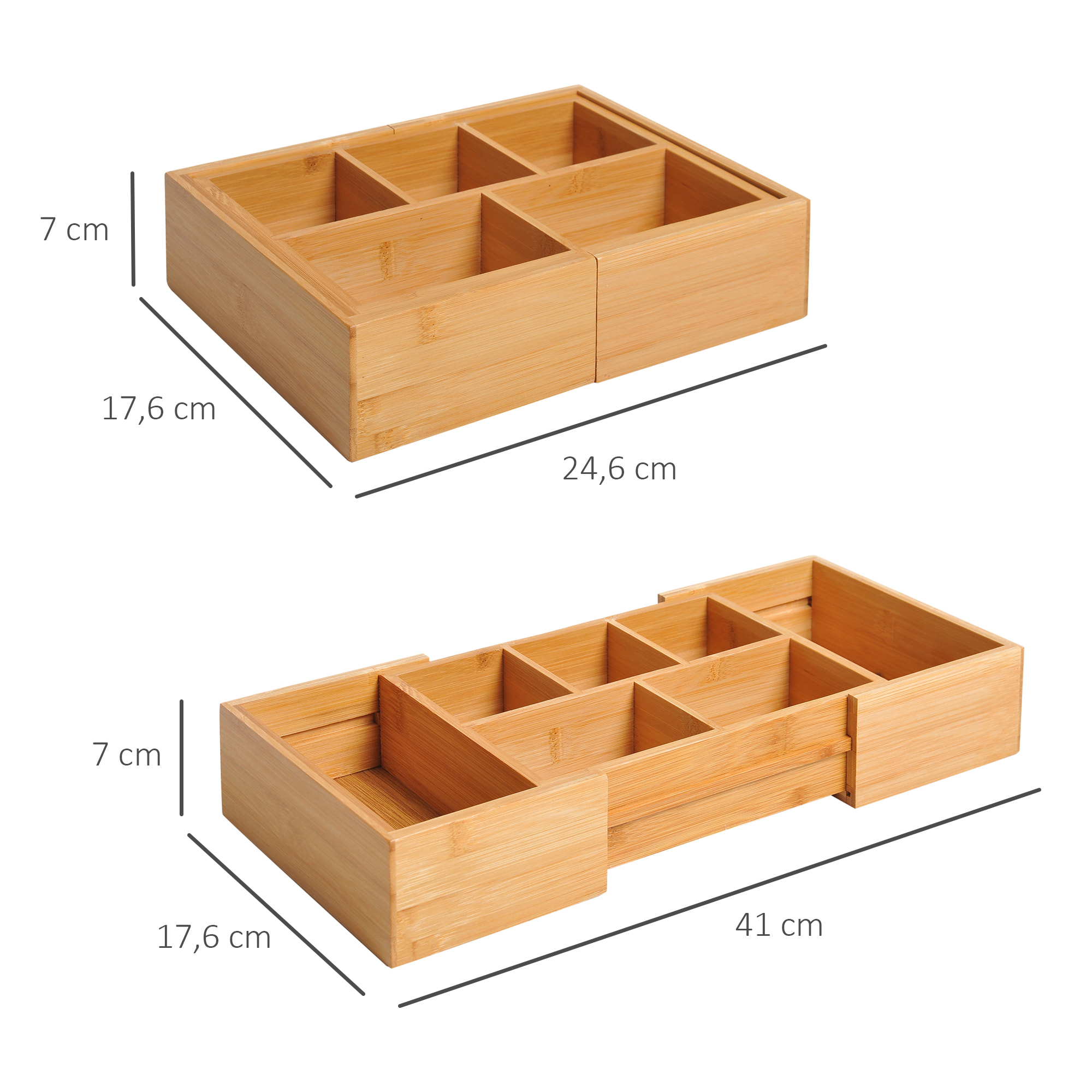 Organizador de Escritorio de Bambú Caja de Almacenamiento Extensible con 5-7 Cajones para Maquillaje Oficina Estudio 24,6-41x17,6x7 cm Natural