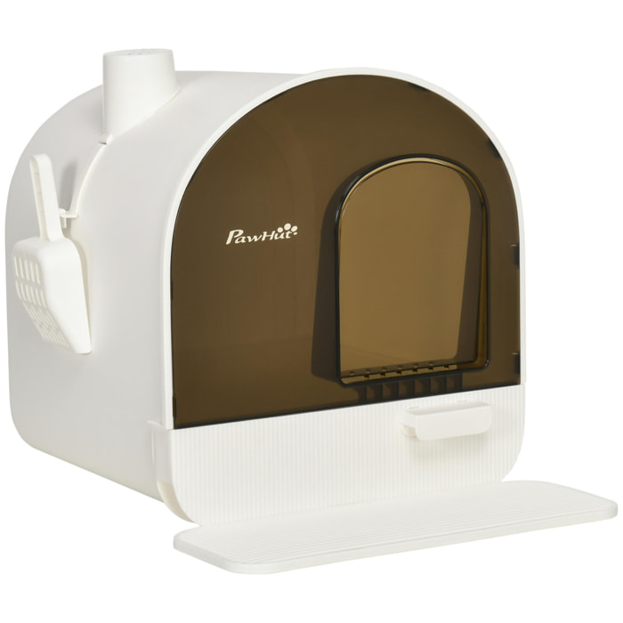 Maison de toilette bac à litière pour chat avec porte battante, pelle et filtre inclus dim. 43L x 44l x 47H cm PP blanc marron fumé