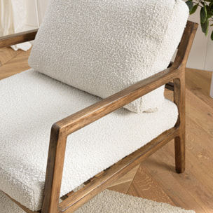 GASTON - Fauteuil en tissu écru, structure et accoudoirs en bois