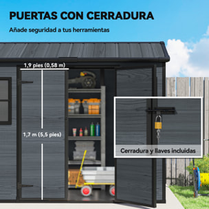 Caseta de Jardín Exterior 2,77 m², 244x131x201 cm, Cobertizo de Jardín Exterior de Plástico con Suelo, Puertas con Pestillo, Ventanas y Ventilación para Almacenaje Herramientas, Gris Oscuro