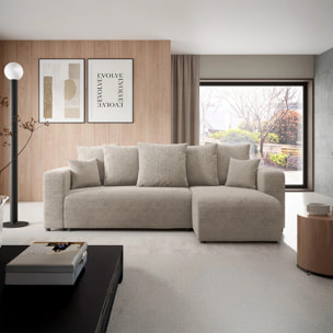 GLORIA - Canapé d'angle droit convertible 4 places en tissu beige
