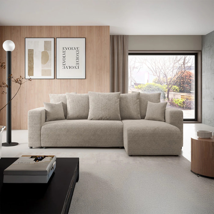 GLORIA - Canapé d'angle droit convertible 4 places en tissu beige