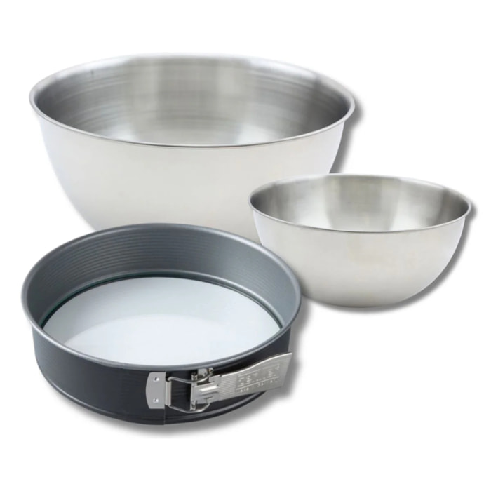 Set à pâtisserie avec 1 moule à manqué à charnière 26 cm fond en verre, 1 spatule Zenker et 2 bols à mixer en inox Fackelmann