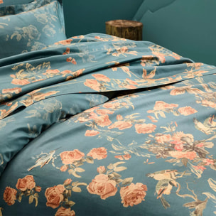 Housse de couette satin de coton 115 g/m² imprimé vert orange Roses d'automne vert anglais
