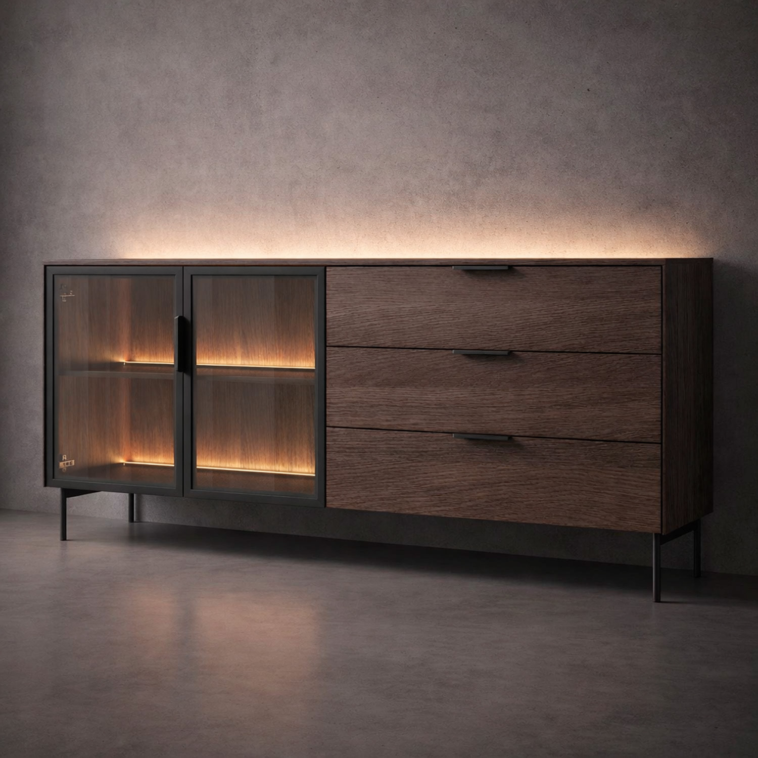 Credenza Madia Moderna Con Vetrina ripiani Cassetti E Illuminazione Led In Melaminico Ideale Soggiorno Sala Da Pranzo 181.3 x 39.3 x 61,5 Cm Rovere