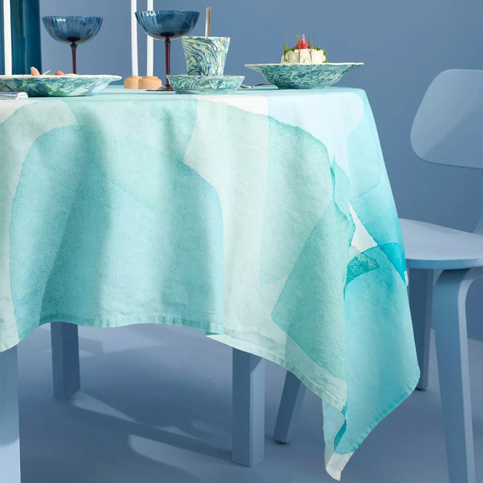 Nappe lin & coton lavé 150 g/m² imprimé bleu vert Aqua mineral
