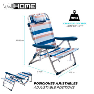 Well Home Silla plegable reclinable con almohada 64x63x32/82cm aluminio anodizado, rayas azules, tejido 600x300D hasta 110kg