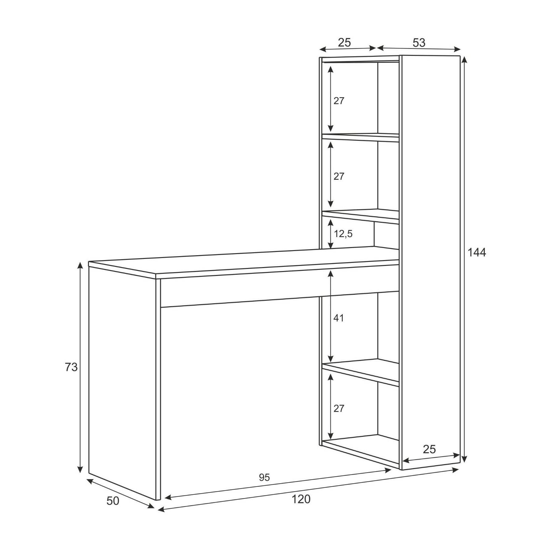 Scrivania Denton, Scrittoio multifunzione reversibile con libreria a 5 ripiani, Tavolo da studio o ufficio porta PC portalibri, cm 120x53h144, Bianco