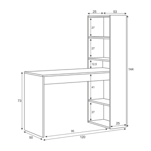 Scrivania Denton, Scrittoio multifunzione reversibile con libreria a 5 ripiani, Tavolo da studio o ufficio porta PC portalibri, cm 120x53h144, Bianco