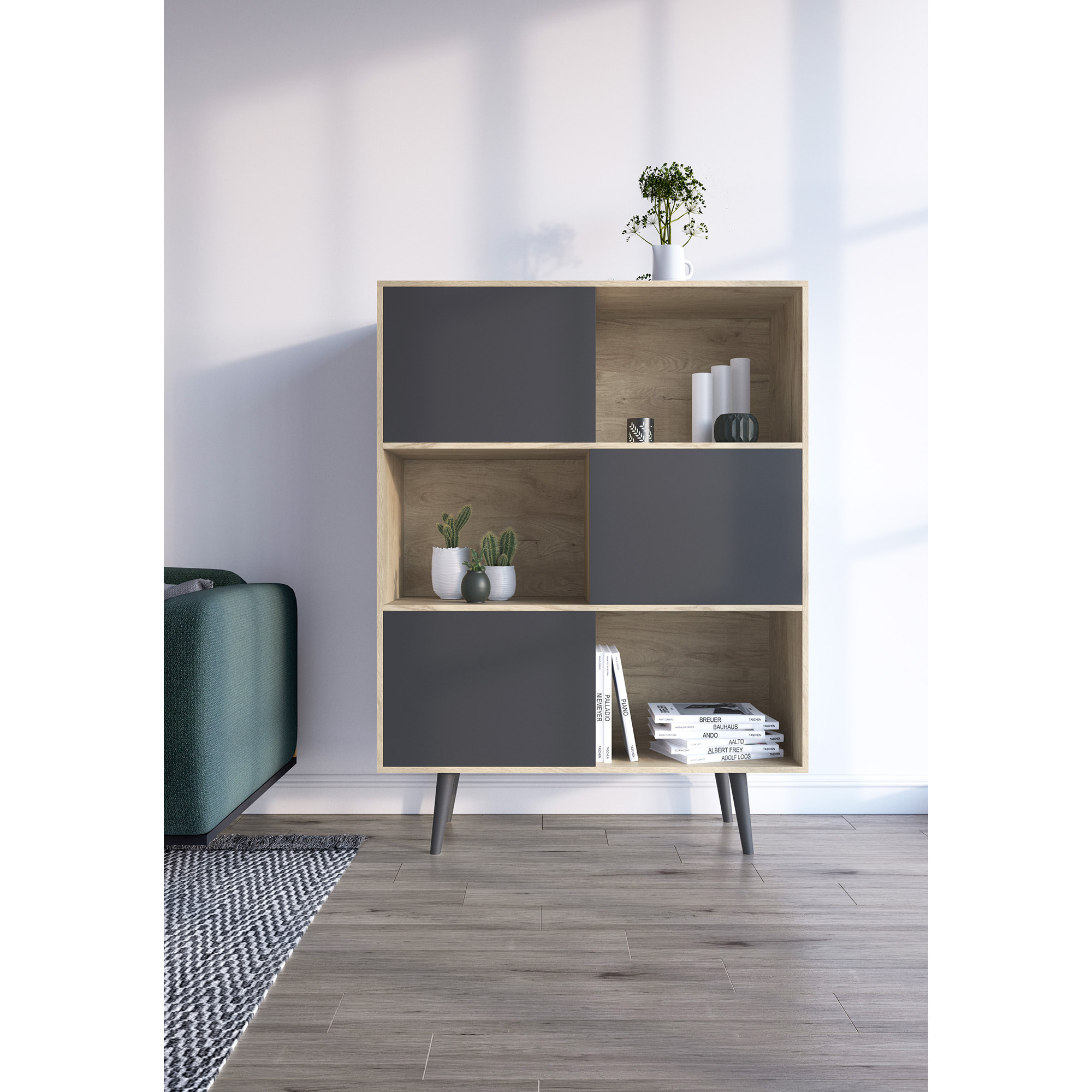 Estantería librería Nordic melamina roble claro-grafito 131x100x30 cm